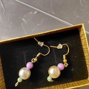 Gold-Tone Pearl Drop Earrings with Pink and Mint Beads